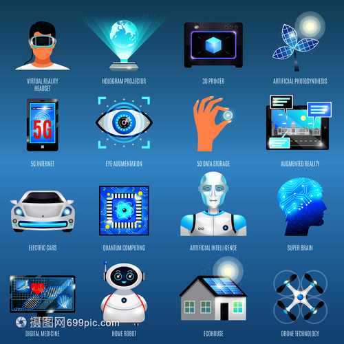 未来的技术图标与生态房屋,量子计算,机器人,5G互联网上的蓝色背景孤立矢量插图未来的技术图标